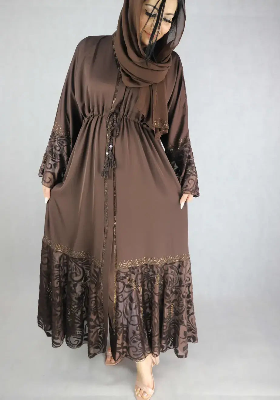 Classic brown Nida material  Floral abaya  Dress For Women.