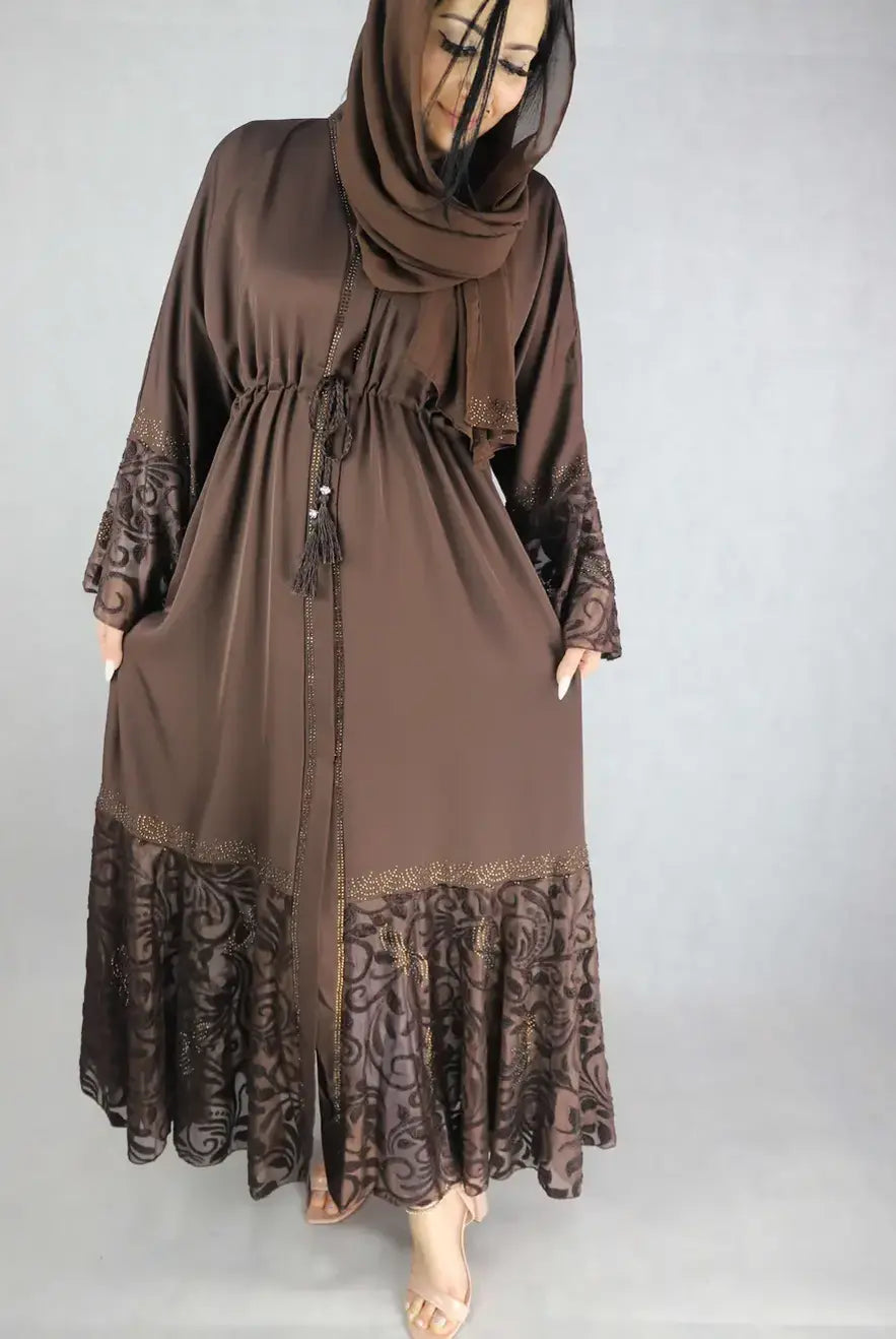 Classic brown Nida material  Floral abaya  Dress For Women.