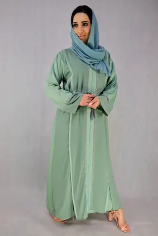 chiffon abaya cloth material mint color Abayas with stonework.